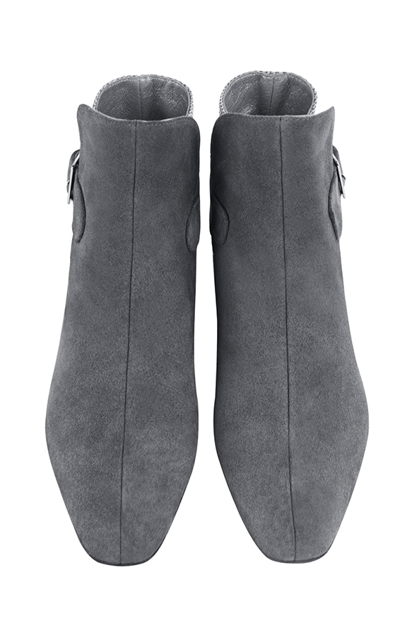 Dove grey women's ankle boots with buckles at the back. Square toe. Medium block heels. Top view - Florence KOOIJMAN